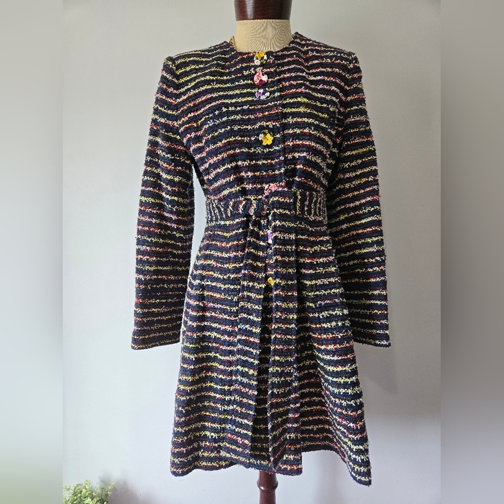 Cabi Headliner Multicolor Striped  Long-Sleeve Knit Jacket With Floral Buttons.